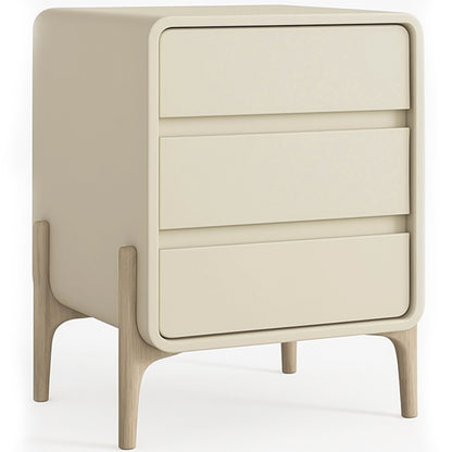Table de chevet scandinave moderne recouverte de similicuir, avec 3 tiroirs et pieds en bois naturel - Bennis