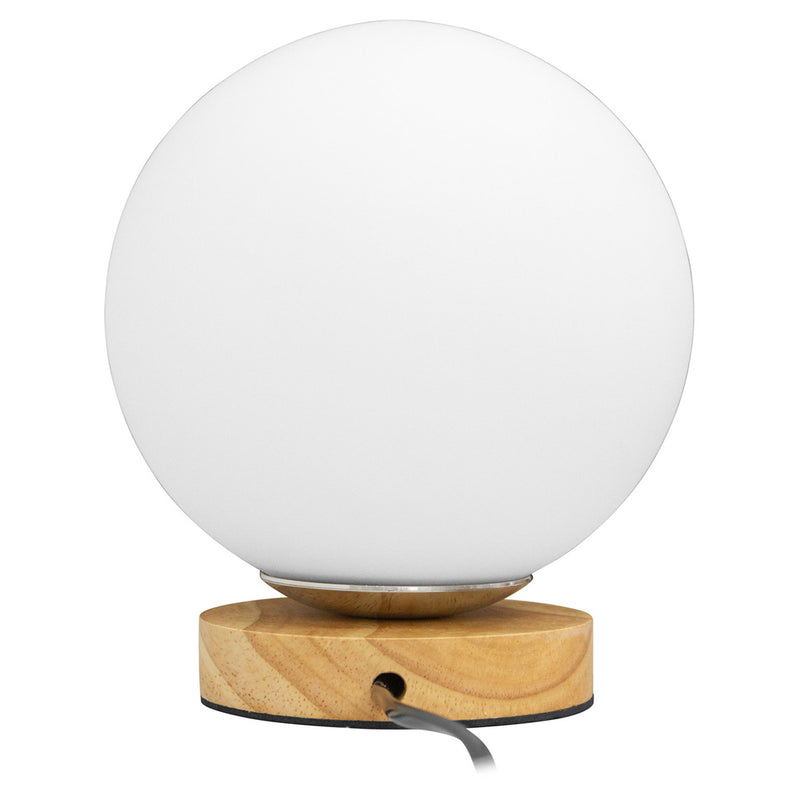 Lámpara de Mesa Minimalista con Esfera Blanca y Base de Madera - Onara