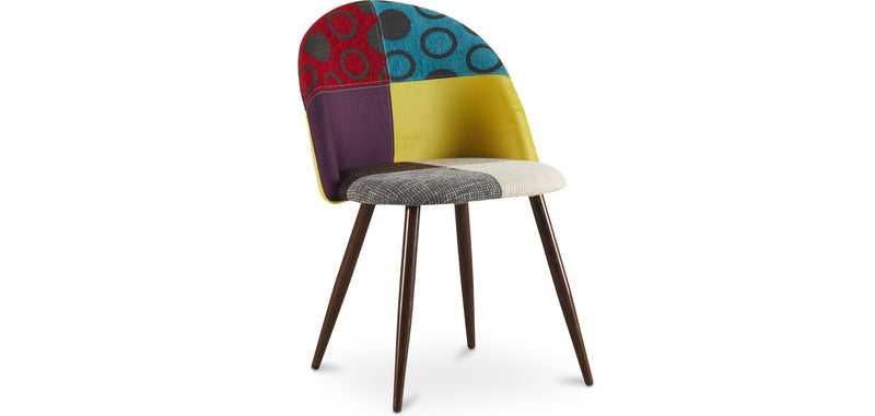 Cadeira de jantar estofada em patchwork, design escandinavo retro, pernas de madeira escura - Evelyne Ray