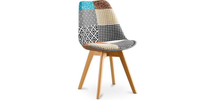 Cadeira de sala de jantar Denisse, design escandinavo estofado, pernas de madeira, premium, nova edição - patchwork Patty