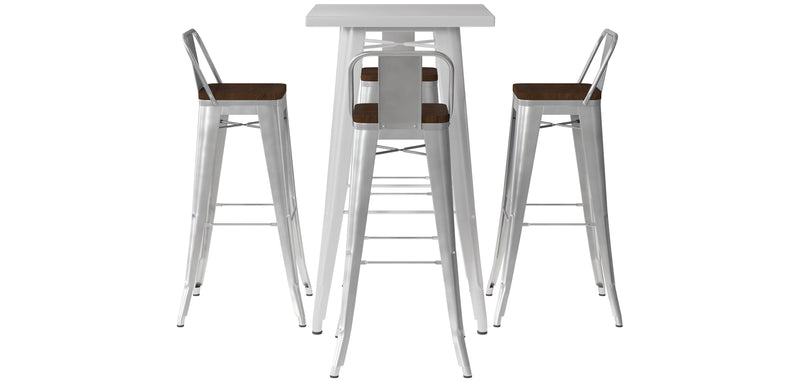 Silbernes Tischset und 4 Barhocker mit Rückenlehne - Industrielles Design - Bistrot Stylix