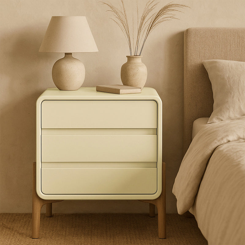 Modern Scandi nightstand covered in faux leather with 3 drawers and natural wood legs - Bennis - gallery 6