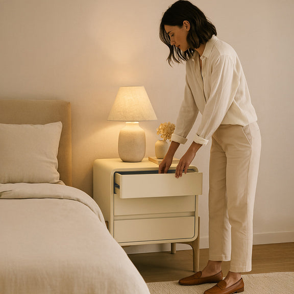 Modern Scandi nightstand covered in faux leather with 3 drawers and natural wood legs - Bennis - gallery 4