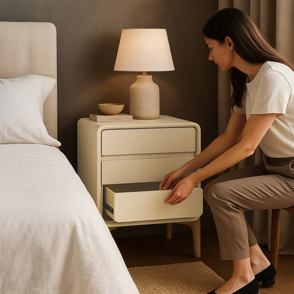 Modern Scandi nightstand covered in faux leather with 3 drawers and natural wood legs - Bennis - gallery 8