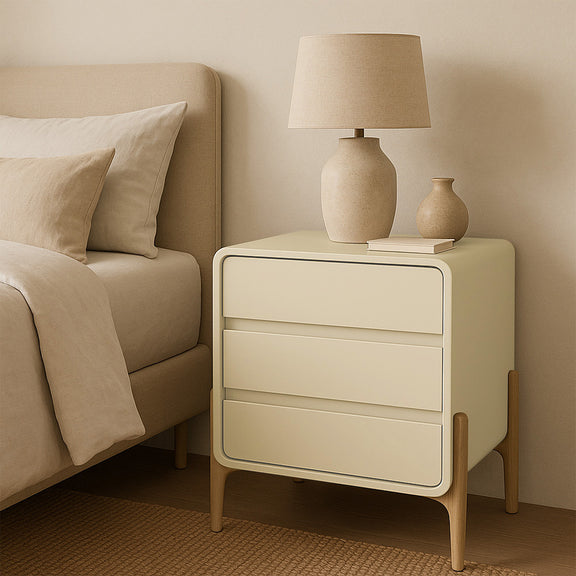 Modern Scandi nightstand covered in faux leather with 3 drawers and natural wood legs - Bennis - gallery 2