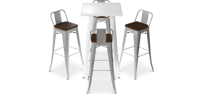 Ensemble Table Blanche et 4 Tabourets de Bar Design Industriel - Bistrot Stylix