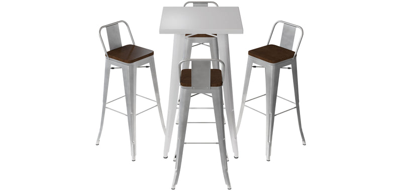 Silbernes Tischset und 4 Barhocker mit Rückenlehne - Industrielles Design - Bistrot Stylix