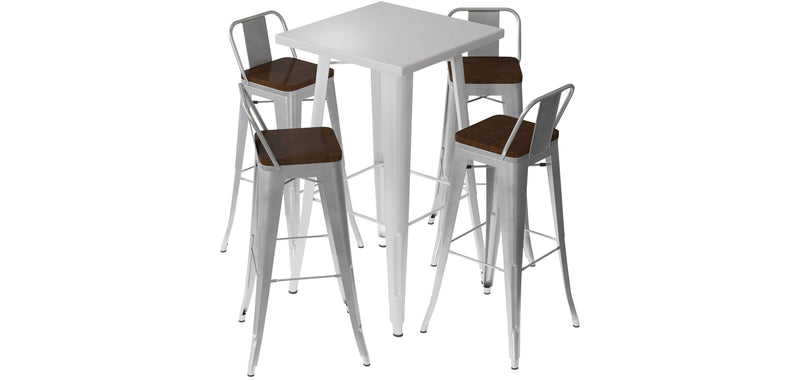 Silbernes Tischset und 4 Barhocker mit Rückenlehne - Industrielles Design - Bistrot Stylix
