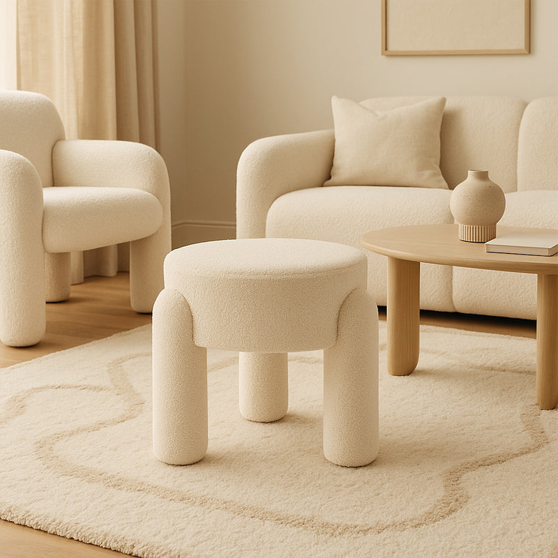 Stool Upholstered In Off-White Bouclé Fabric – Modern Seat For Living Room And Bedroom - Boreta