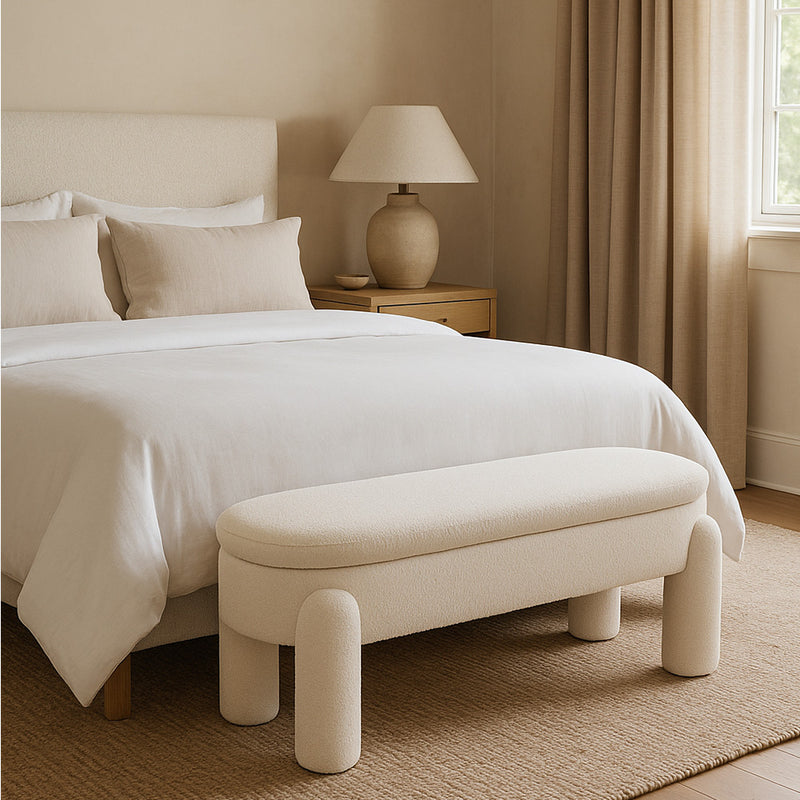 Bench With Storage Upholstered In Off-White Bouclé Fabric – Modern Seat For Living Room And Bedroom - Boreta