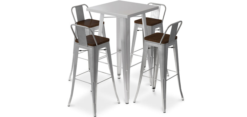 Silbernes Tischset und 4 Barhocker mit Rückenlehne - Industrielles Design - Bistrot Stylix