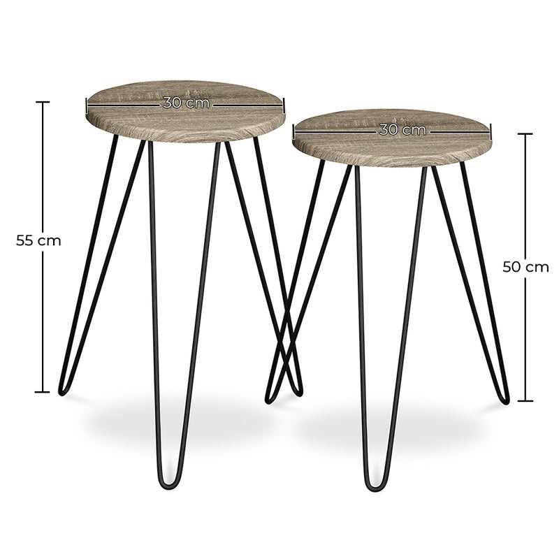 Set of 2 Side Tables - Industrial Design - Wood and Metal - Hairpin - Dimensions diagram
