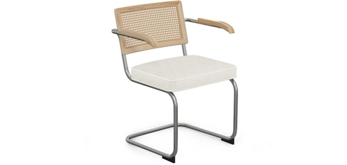 Chaise de salle à manger avec accoudoirs En Bouclette Fausse Fourrure Tapissée - Boucles Blanches- Bois et rotin - Birey