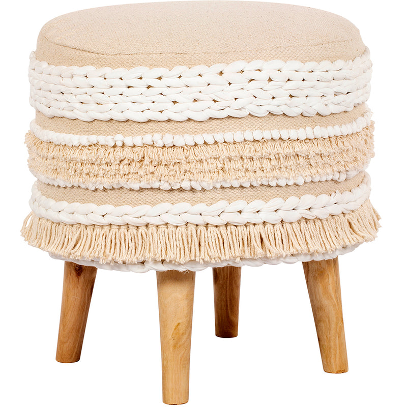 Puf taburete estilo boho Bali, madera y algodón - Ivy
