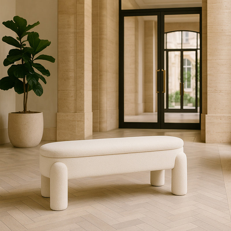 Bench With Storage Upholstered In Off-White Bouclé Fabric – Modern Seat For Living Room And Bedroom - Boreta