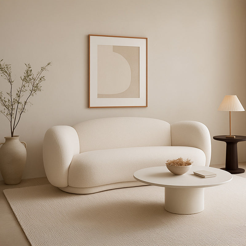 Curved Sofa Upholstered In White Bouclé – Modern And Elegant Design - Sorela
