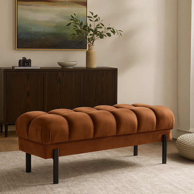 Chesterfield Style Bench Upholstered In Velvet With Iron Legs - Hamptons