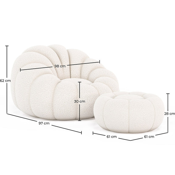 Upholstered Armchair with Ottoman - White Boucle - Rubi - Dimensions diagram