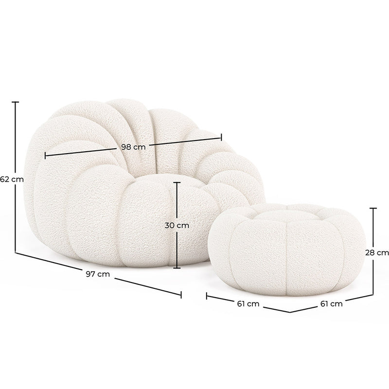 Upholstered Armchair with Ottoman - White Boucle - Rubi - Dimensions diagram