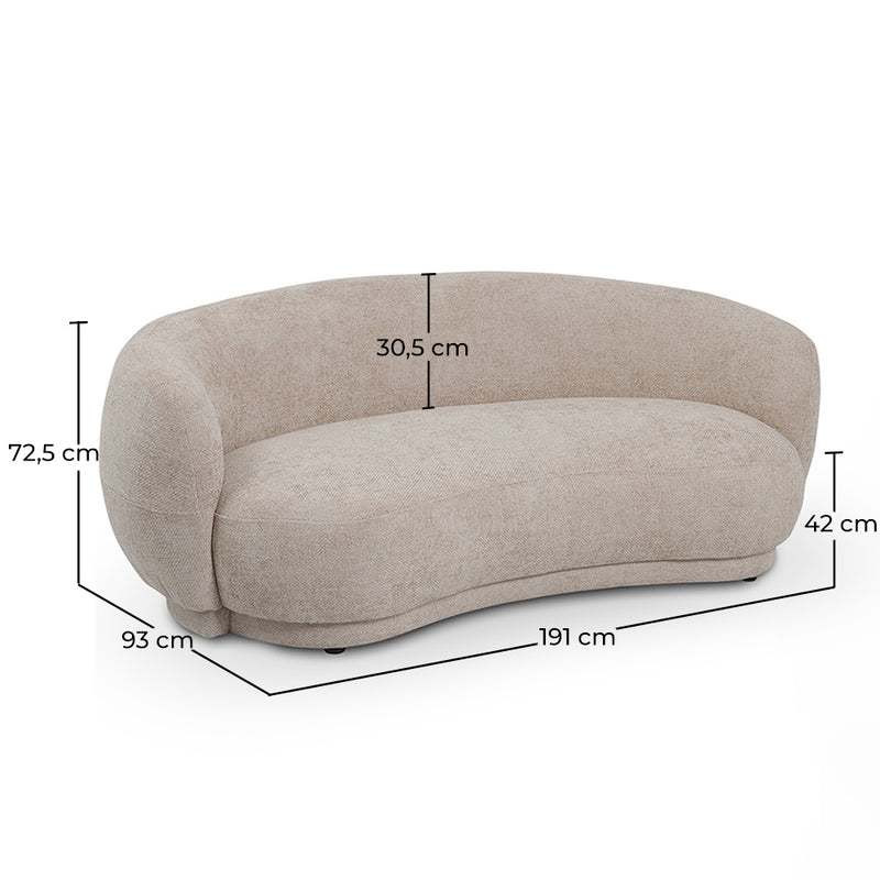 Curved Contemporary Style Design Sofa Upholstered in Chenille - 3 Seater - Curvy - Dimensions diagram