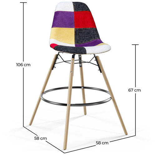 Bar Stool - Patchwork Upholstery - Scandinavian Design and Wooden Legs - Skögur - Dimensions diagram