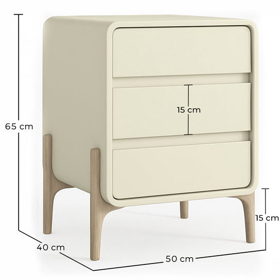 Modern Scandi nightstand covered in faux leather with 3 drawers and natural wood legs - Bennis - Dimensions diagram
