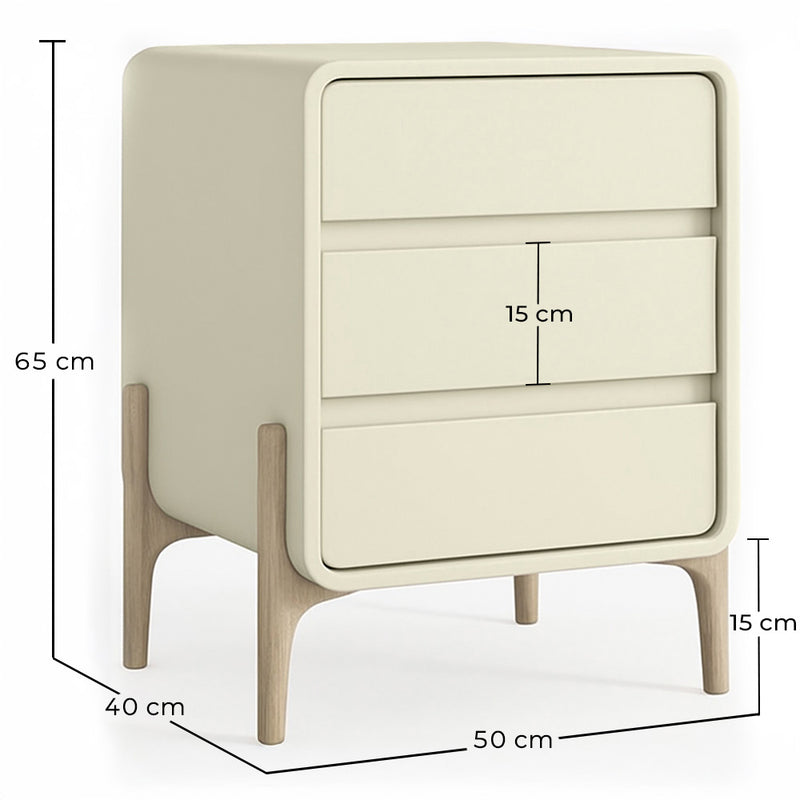 Modern Scandi nightstand covered in faux leather with 3 drawers and natural wood legs - Bennis - Dimensions diagram