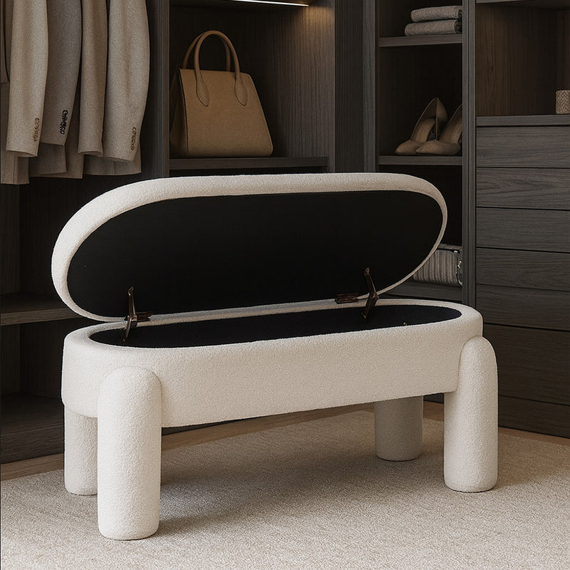 Bench With Storage Upholstered In Off-White Bouclé Fabric – Modern Seat For Living Room And Bedroom - Boreta