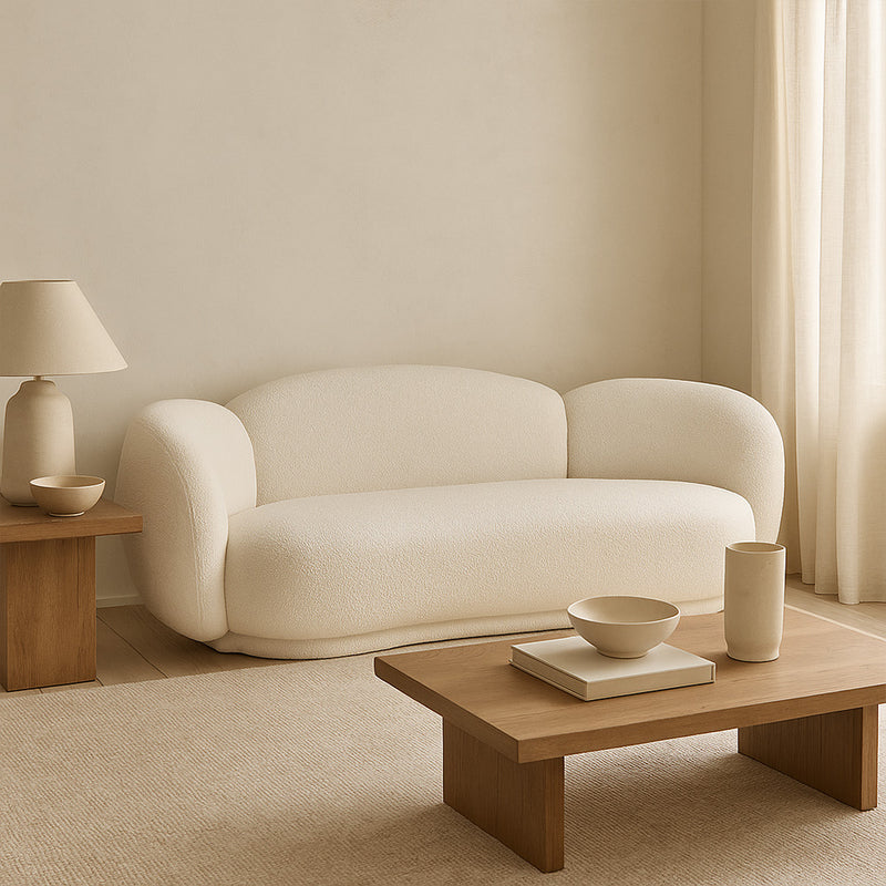 Curved Sofa Upholstered In White Bouclé – Modern And Elegant Design - Sorela
