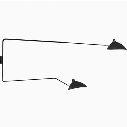 Lámpara de pared de dos brazos en hierro negro con pantallas de latón, aplique moderno y minimalista para salones y dormitorios