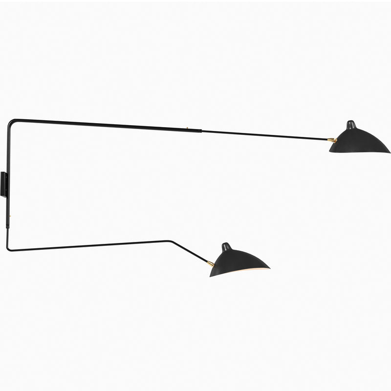 Lámpara de pared de dos brazos en hierro negro con pantallas de latón, aplique moderno y minimalista para salones y dormitorios