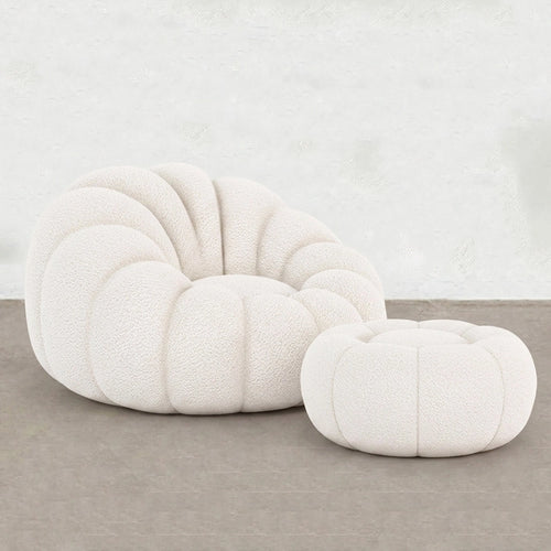 Upholstered Armchair with Ottoman - White Boucle - Rubi
