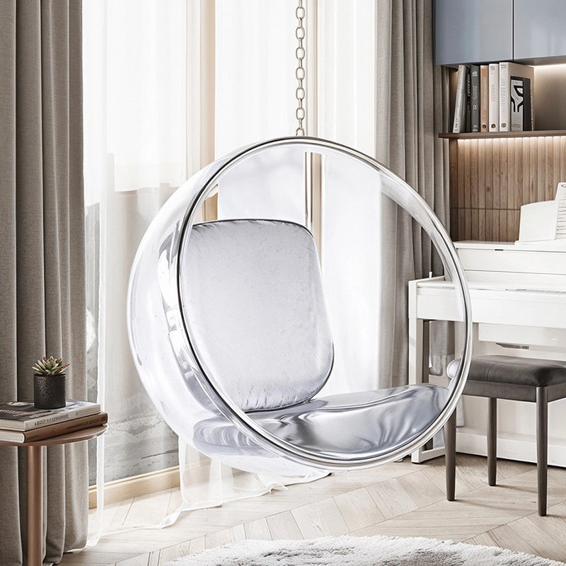 Fauteuil suspendu design Popi, revêtement en similicuir et coque en Plexiglas, suspension au plafond