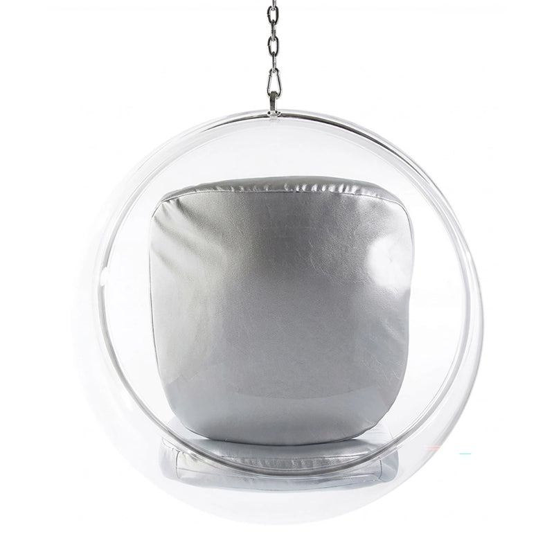 Fauteuil suspendu design Popi, revêtement en similicuir et coque en Plexiglas, suspension au plafond