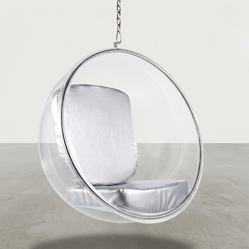 Fauteuil suspendu design Popi, revêtement en similicuir et coque en Plexiglas, suspension au plafond