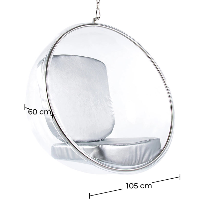 Fauteuil suspendu design Popi, revêtement en similicuir et coque en Plexiglas, suspension au plafond