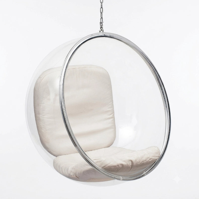 Fauteuil suspendu design Popi, revêtement en similicuir et coque en Plexiglas, suspension au plafond