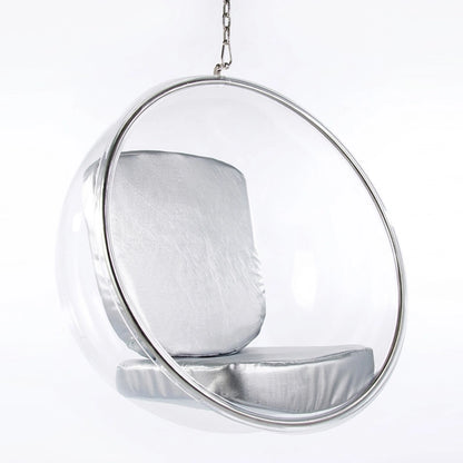 Fauteuil suspendu design Popi, revêtement en similicuir et coque en Plexiglas, suspension au plafond