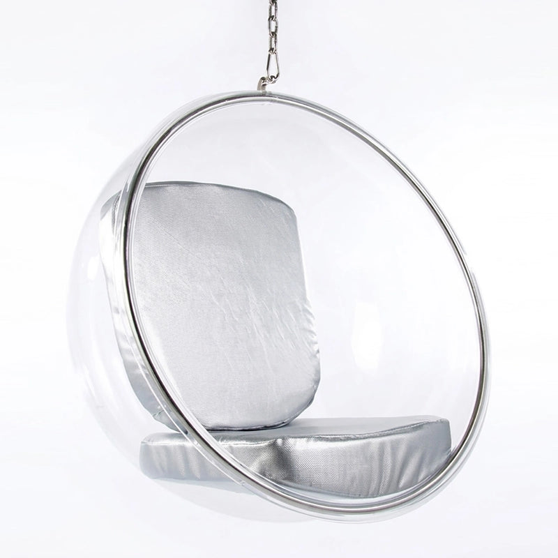 Fauteuil suspendu design Popi, revêtement en similicuir et coque en Plexiglas, suspension au plafond