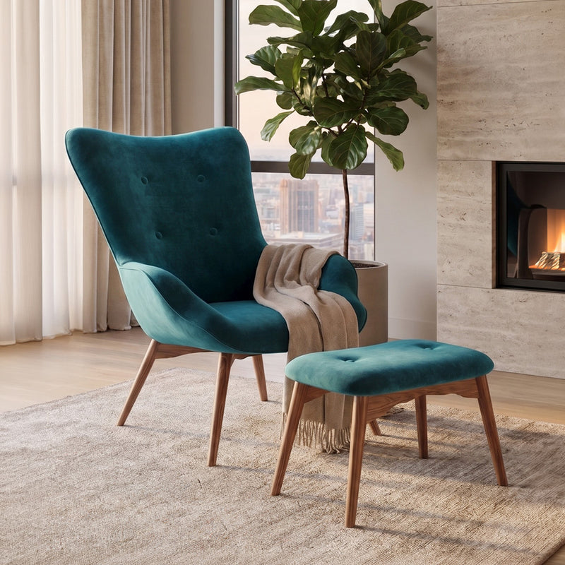 Fauteuil rembourré en velours avec repose-pieds - Huda