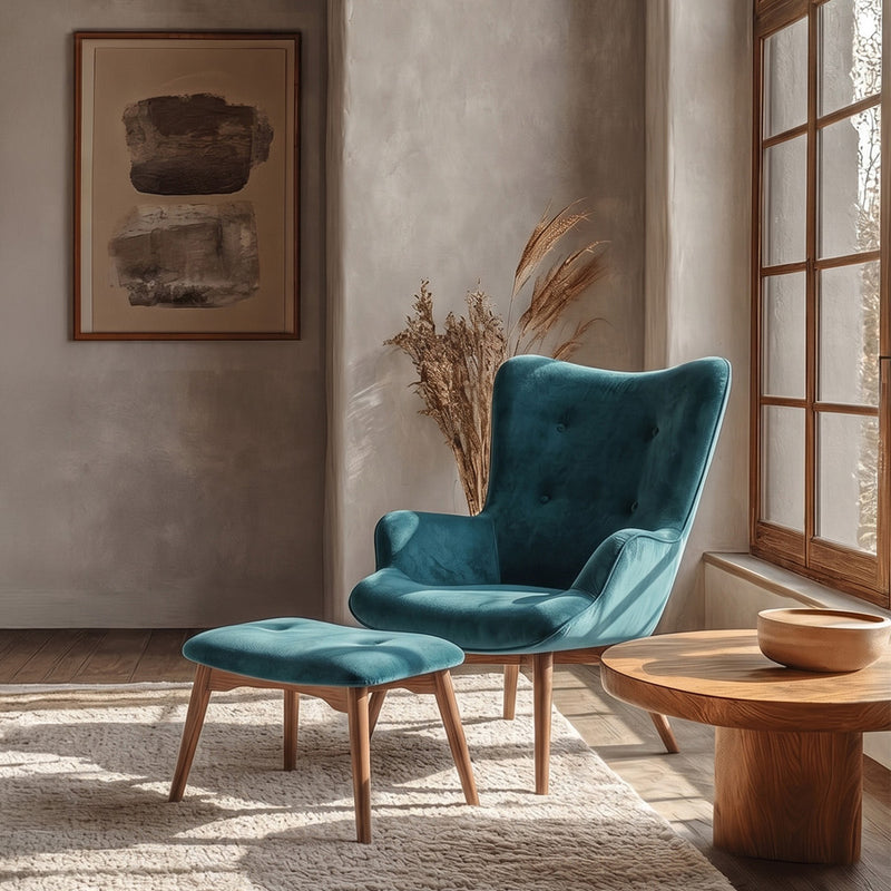 Fauteuil rembourré en velours avec repose-pieds - Huda