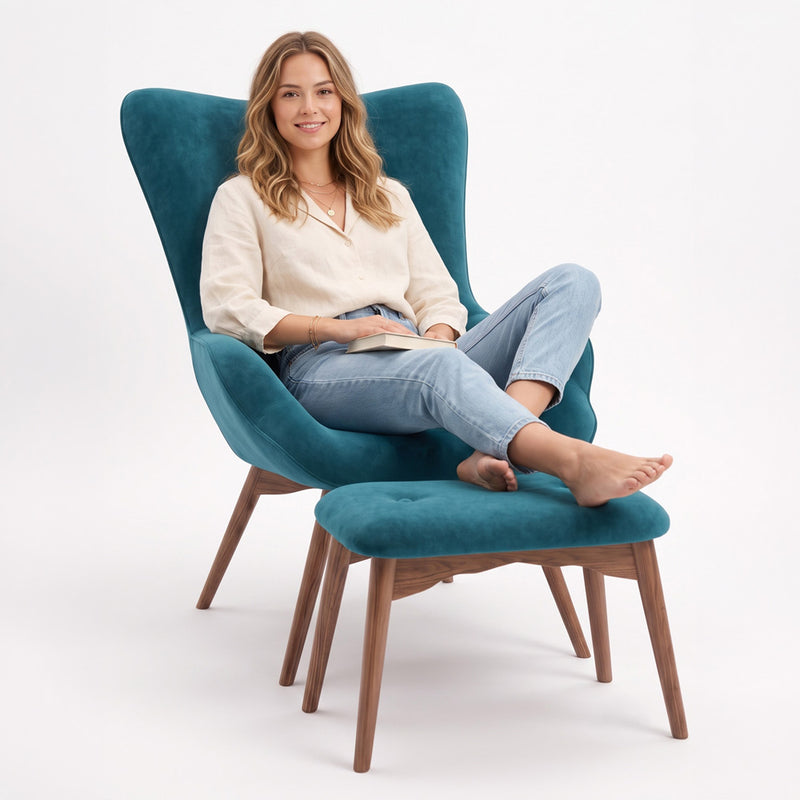 Fauteuil rembourré en velours avec repose-pieds - Huda