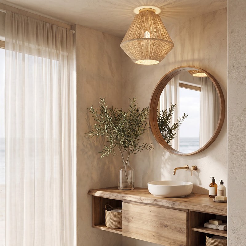 Naribu boho-plafondlamp in Bali-stijl, handgemaakt met lampenkap van natuurlijke vezels voor een warme vintage sfeer