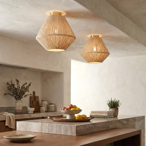 Naribu loftslampe i boho Bali-stil, håndlavet med lampeskærm i naturfibre til en varm vintageatmosfære