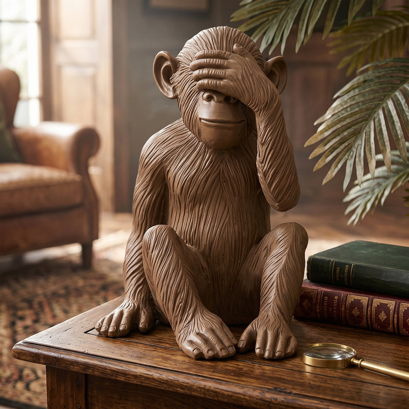 Ślepa małpa „Nie widzę zła”, statuetka z żywicy Sapiens, jedna z trzech mądrych małp, dekoracja, brązowe vintage’owe wykończenie, 40 cm