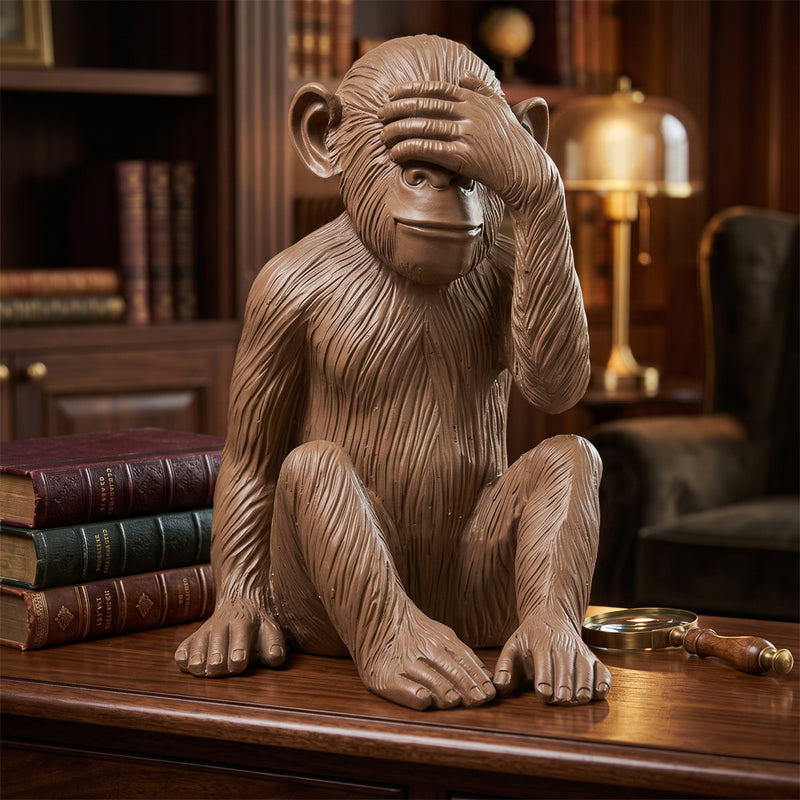 Ślepa małpa „Nie widzę zła”, statuetka z żywicy Sapiens, jedna z trzech mądrych małp, dekoracja, brązowe vintage’owe wykończenie, 40 cm