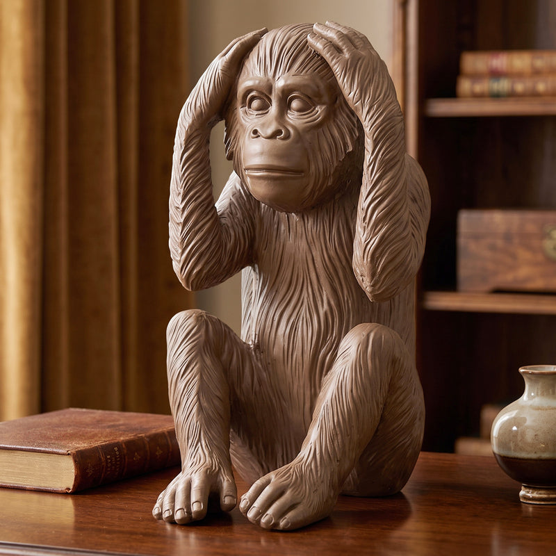 Estátua de resina do macaco surdo, não ouço o mal, um dos Três Macacos Sábios, decoração com 40 cm de altura