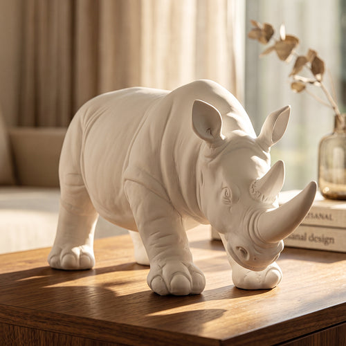 Rhino Decorative Figure Matte White Resin Home Decor Accent For Table Or Shelf Display Ready