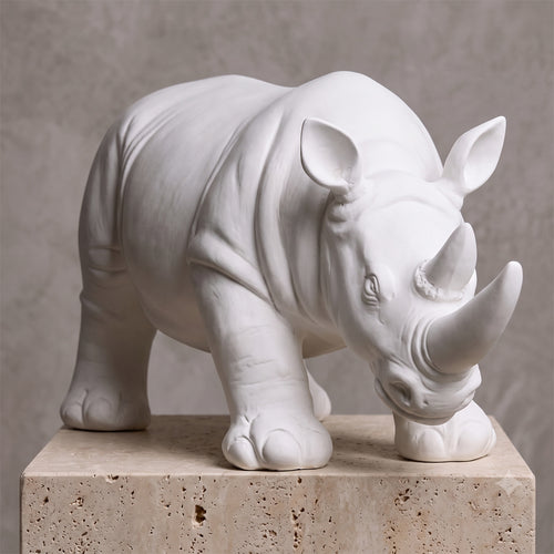 Rhino Decorative Figure Matte White Resin Home Decor Accent For Table Or Shelf Display Ready