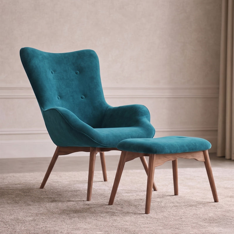 Fauteuil rembourré en velours avec repose-pieds - Huda